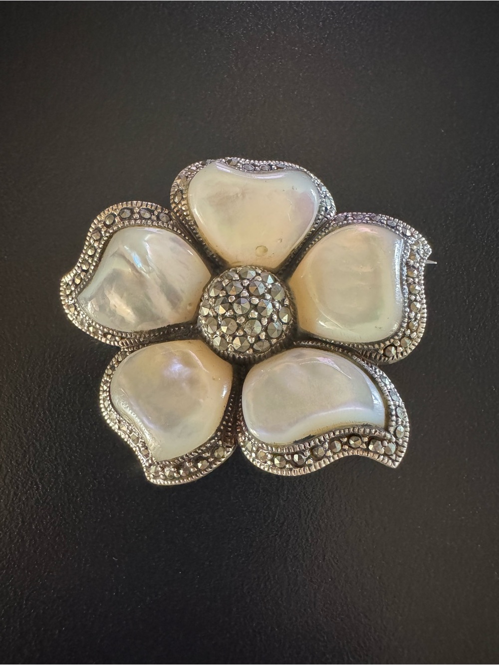 Heavy Sterling Silver Mother of Pearl Marcasite Flower Brooch 18.2g